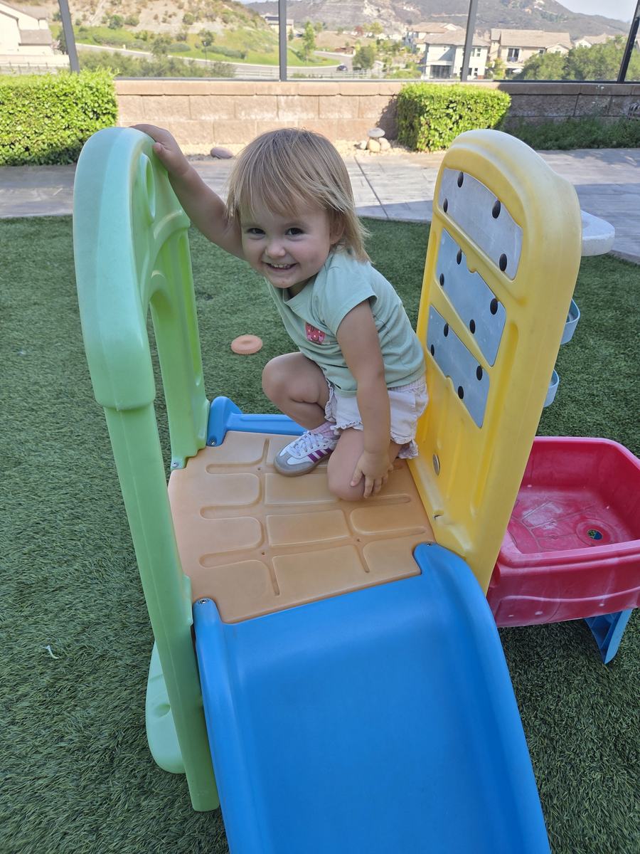 A grinning toddler stands at the top of the climbing frame in the backyard, holding the handrail.